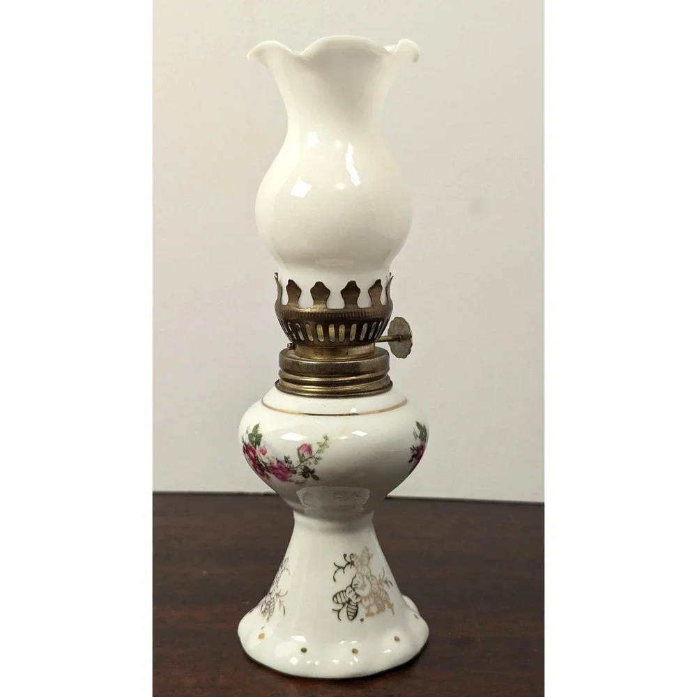 Vintage Mini Milk Glass Hurricane Oil Lamp Floral Rose Hong Kong